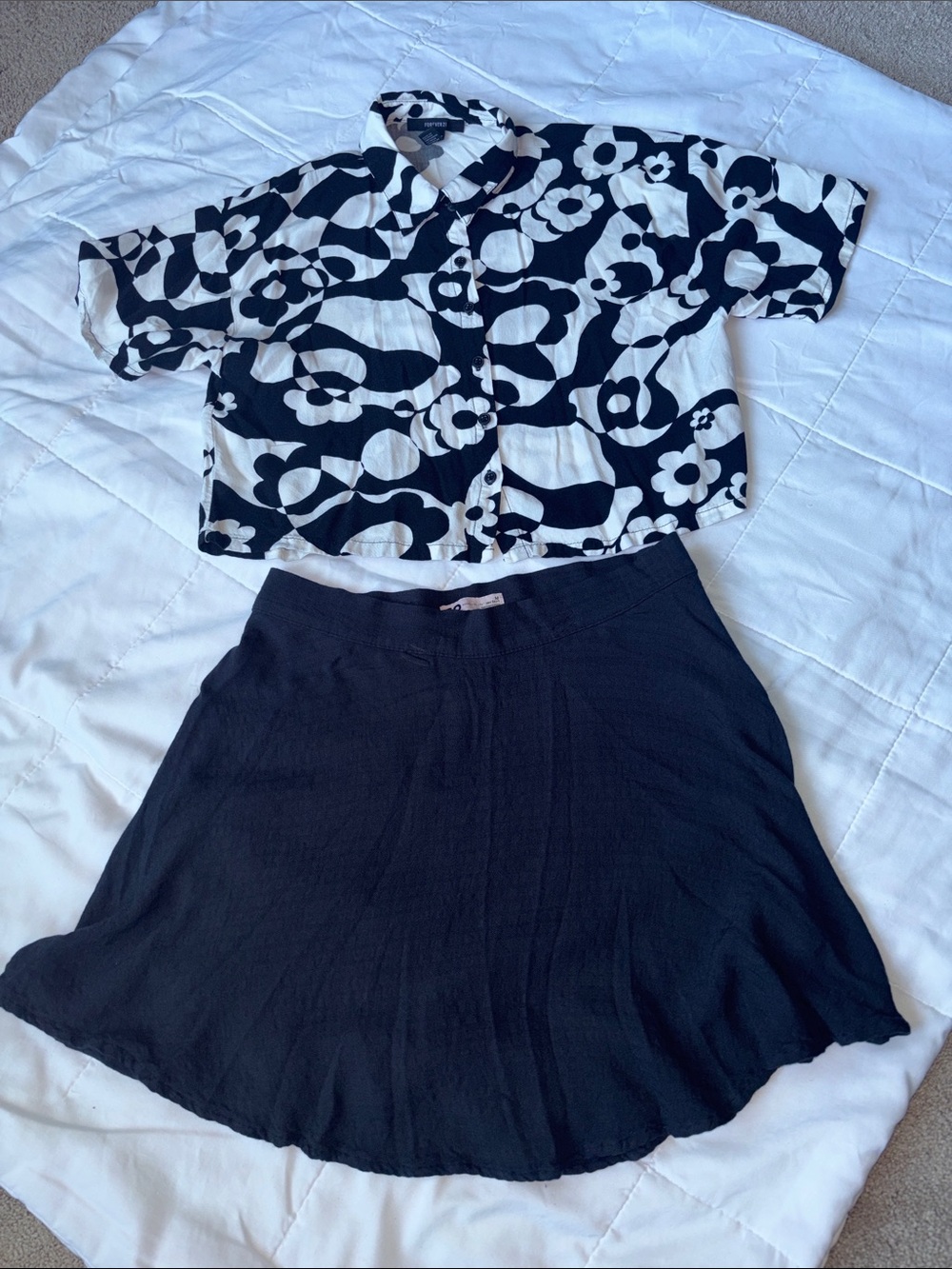 SO Black Skater Skirt & Floral Print belly top
